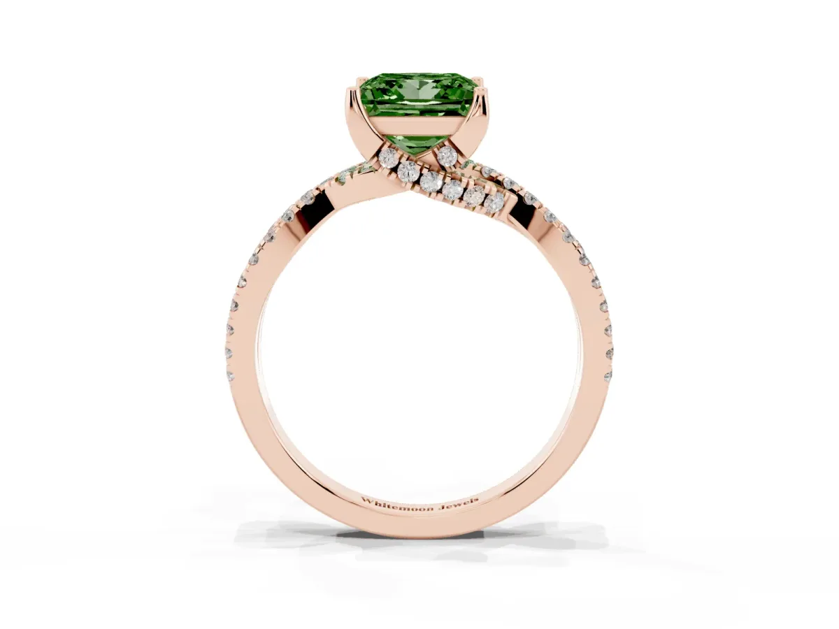 Fancy Green Princess Cut Solitaire Twist Pave Diamond Engagement Ring with Prong Setting Rose gold