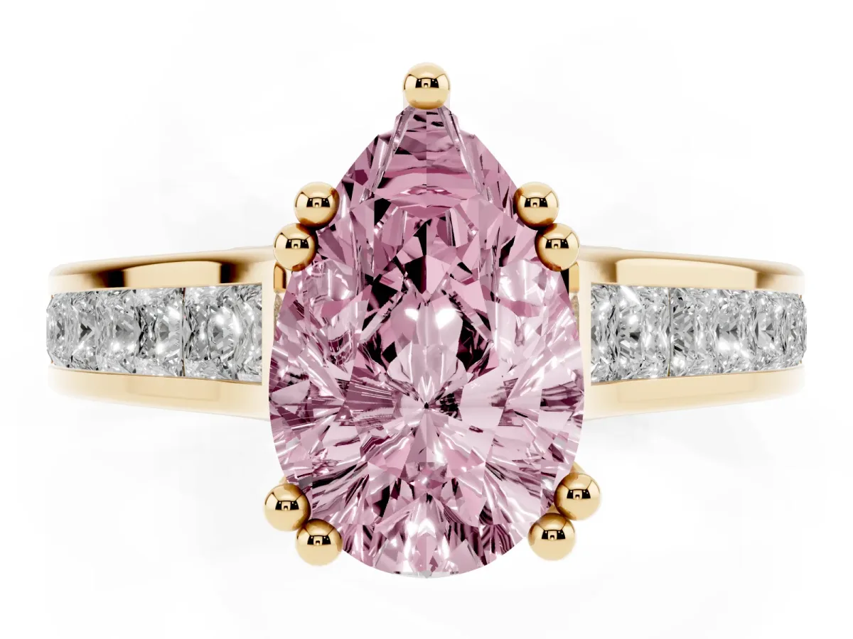 Fancy Pink Pear Cut Cut Channel Set Solitaire Engagement Ring with Prong Setting Yellow gold
