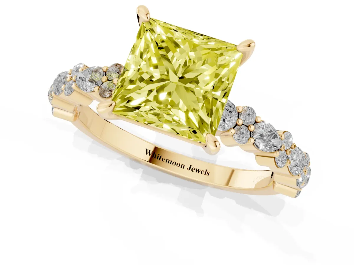 Fancy Yellow Princess Cut Diamond Side Stone Solitaire Ring with Round and Four-Prong Setting Yellow gold