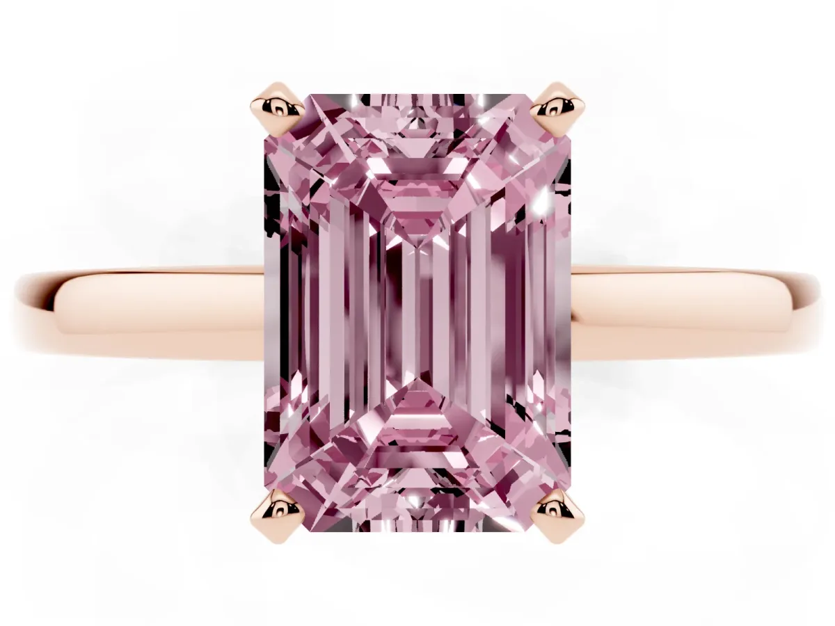 Fancy Pink Emerald Cut Solitaire Diamond Engagement Ring with Four-Prong Setting on a Classic Band Rose gold