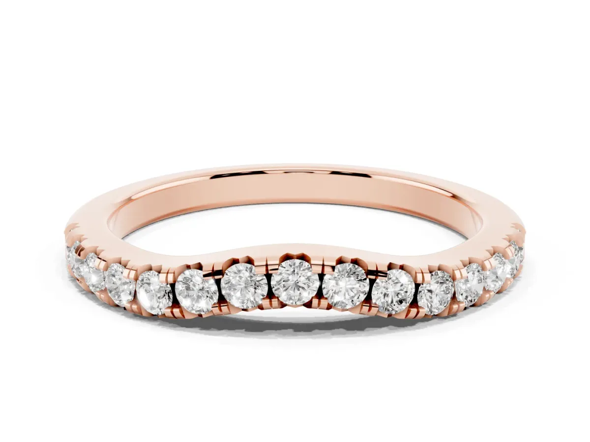 Round Diamond Curved Pavé Wedding Band with Shared Prong Setting Rose gold