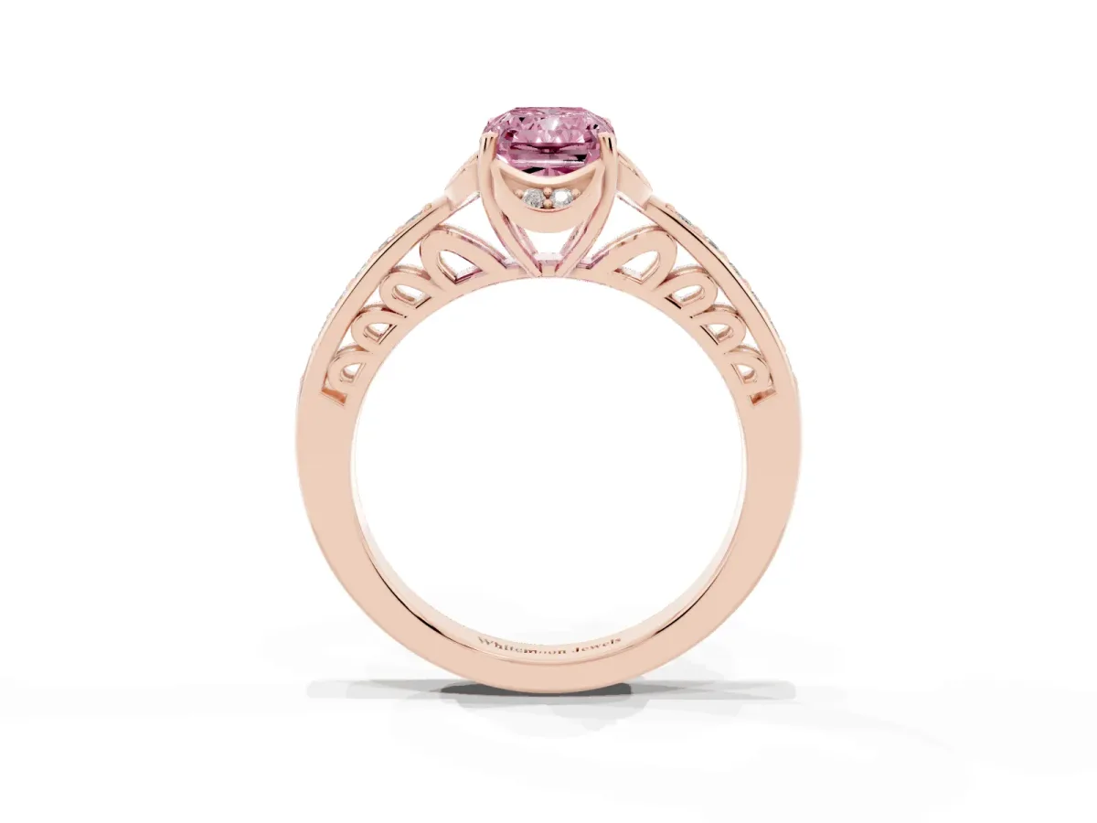 Fancy Pink Radiant Cut Cut Halo Diamond Ring with Channel Set Band and Four-Prong Setting Rose gold