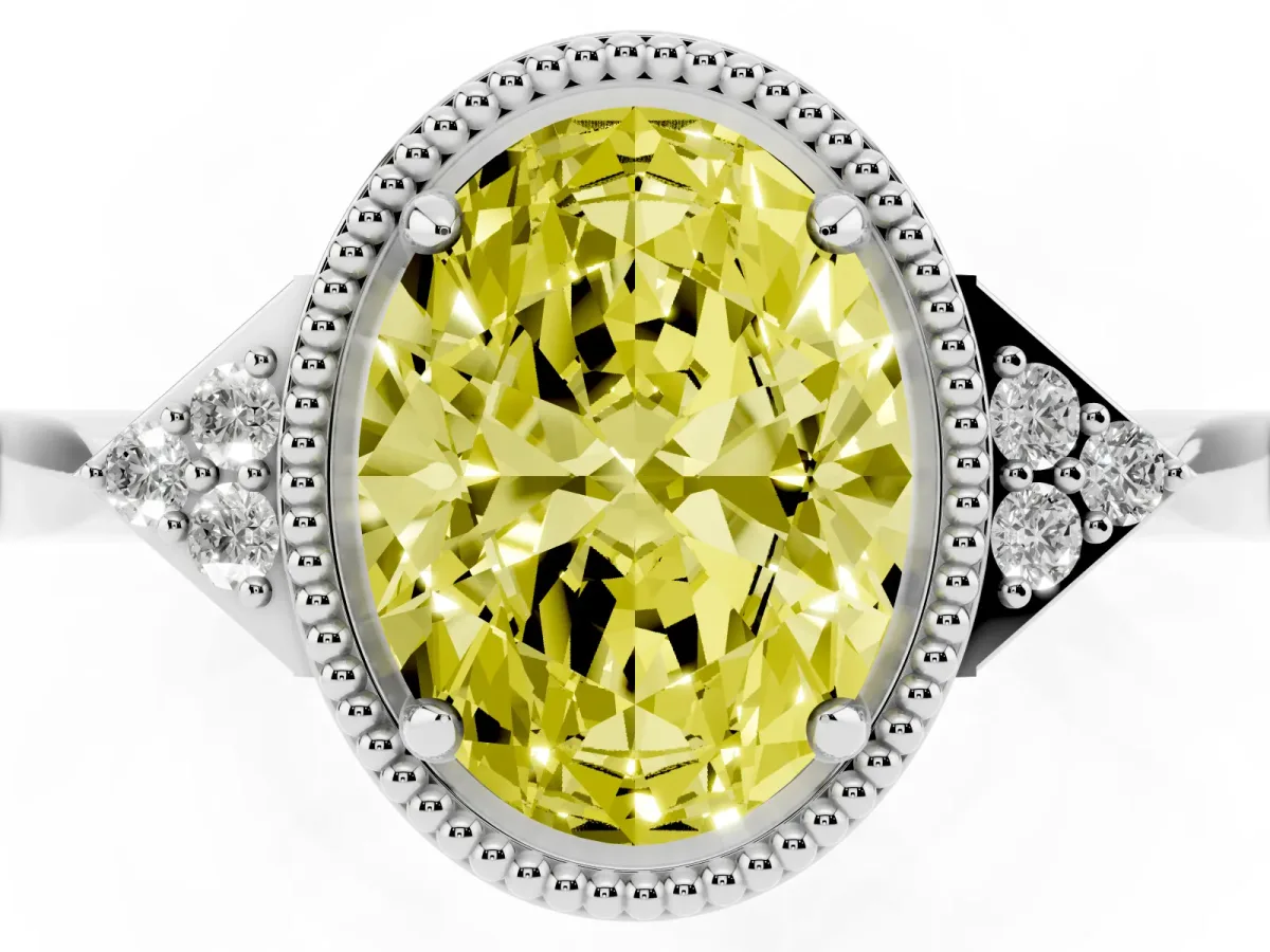 Fancy Yellow Oval Cut Diamond Halo Ring with Tapered Band and Four-Prong Setting Platinum