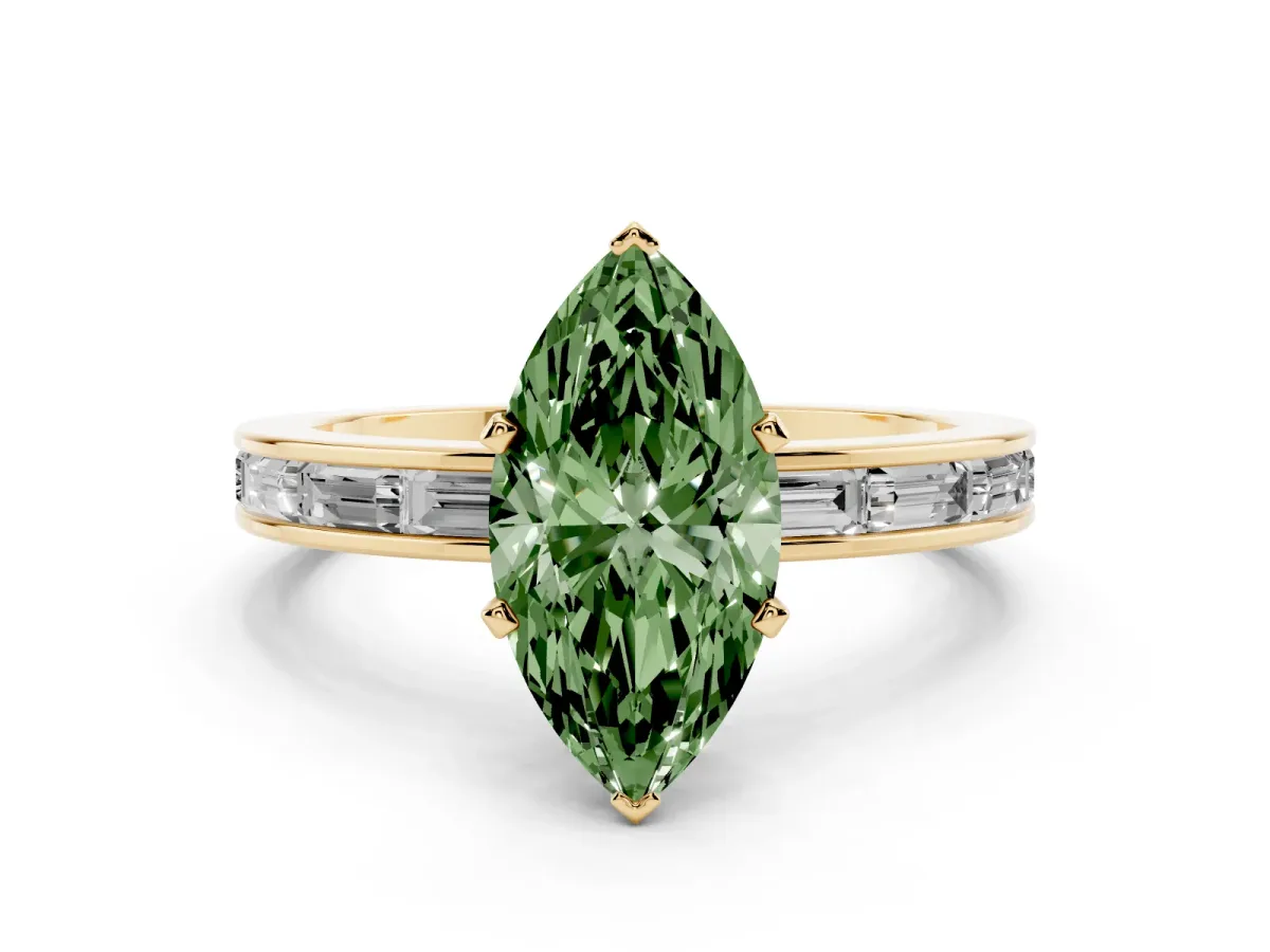 Fancy Green Marquise Cut Solitaire Diamond Ring with Channel-Set Baguette Band and Four-Prong Setting Yellow gold