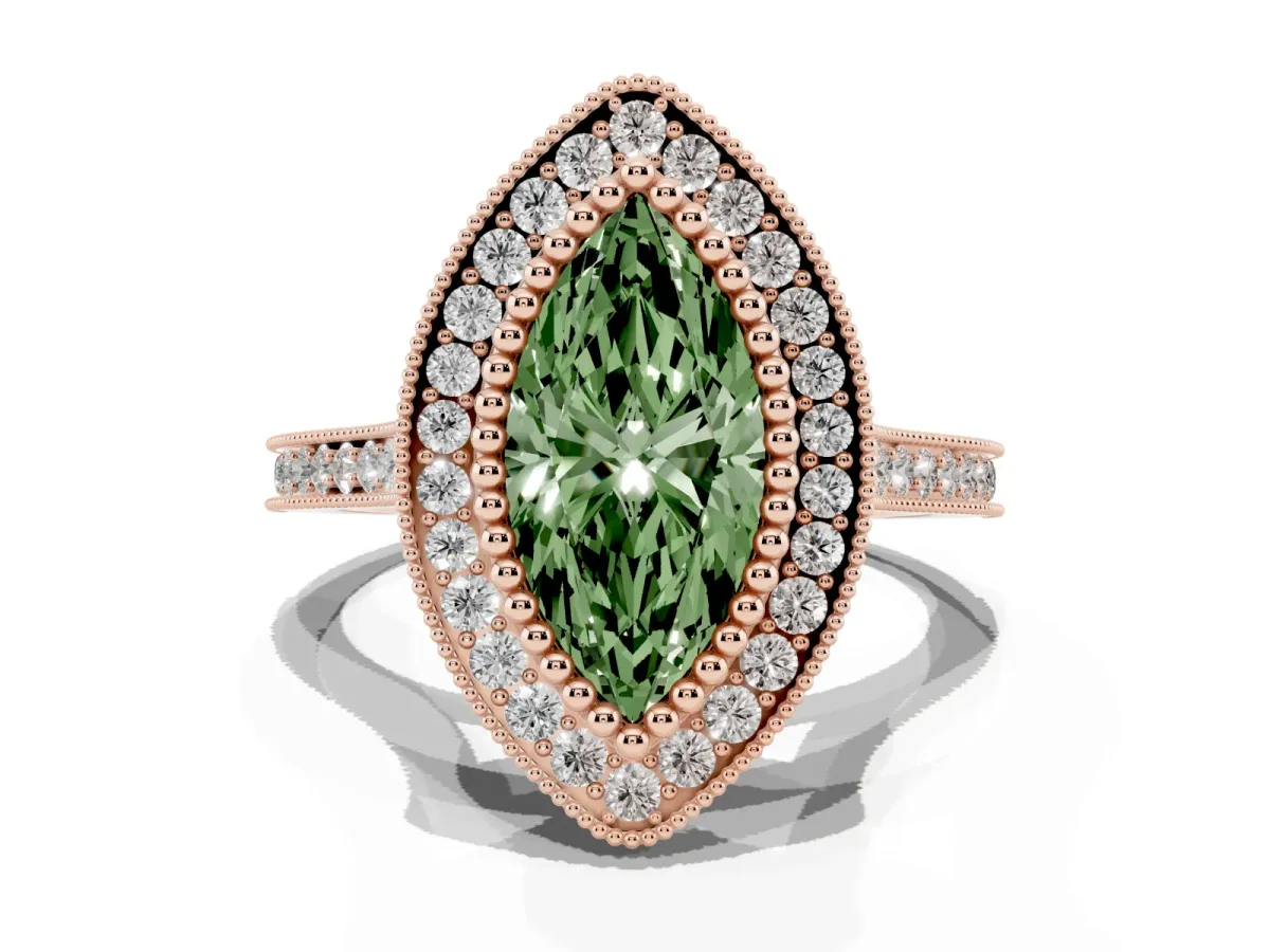Fancy Green Marquise Cut Diamond Halo Ring with Milgrain Frame and Pavé Band Rose gold