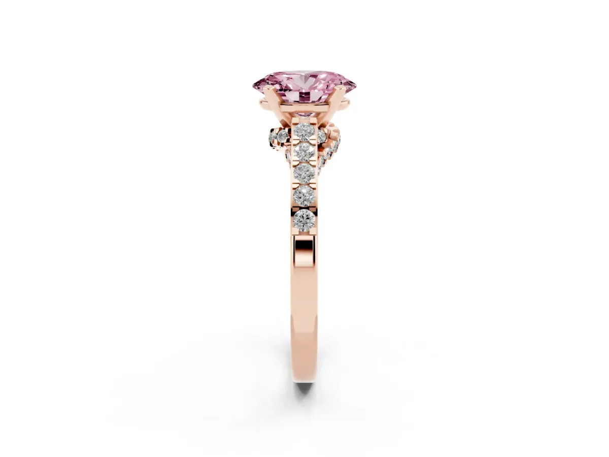 Fancy Pink Oval Cut Diamond Solitaire Ring with Crossover Gallery and Round Pavé Band Rose gold