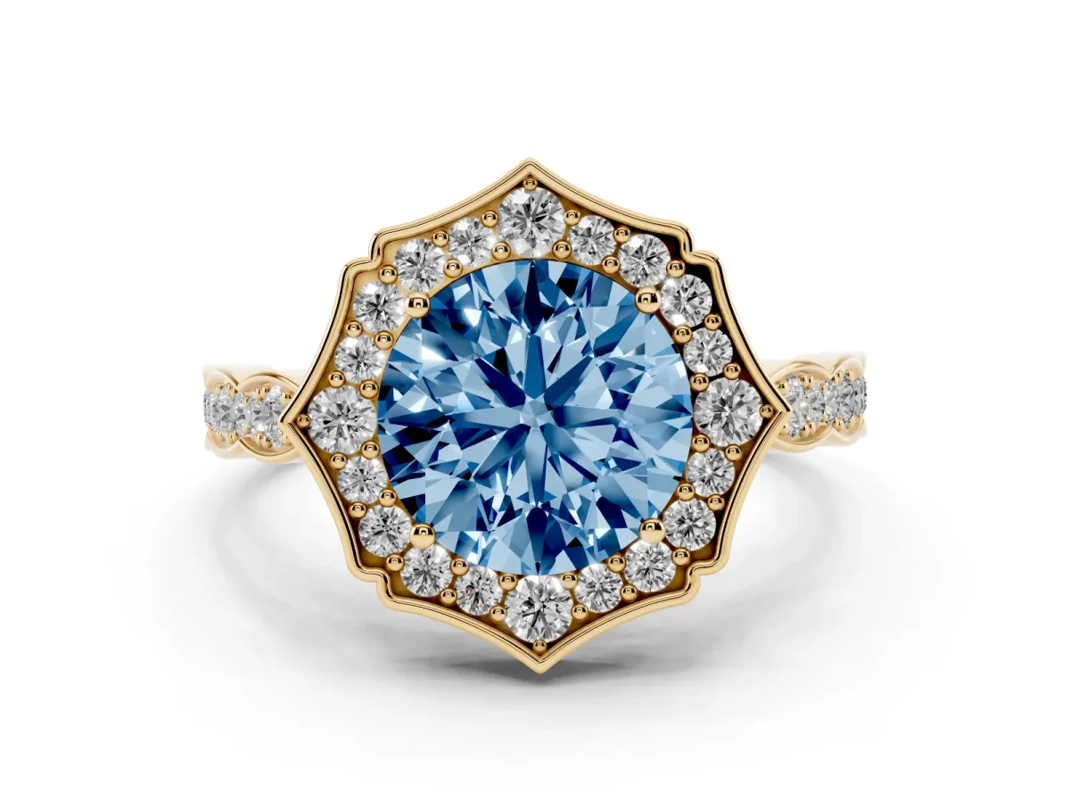 Fancy Blue Round Cut Halo Diamond Engagement Ring with Milgrain Band and Four-Prong Setting Yellow gold