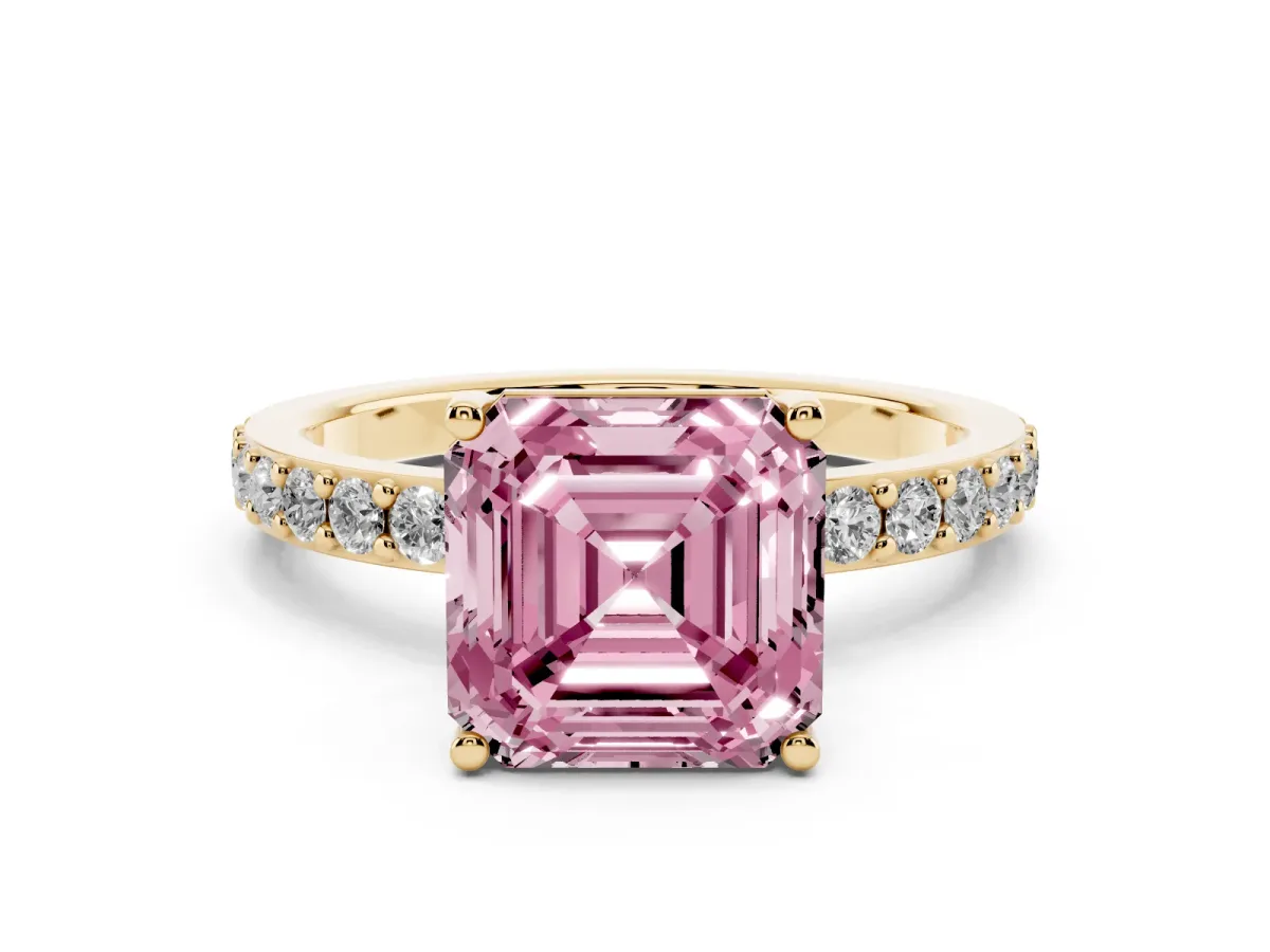 Fancy Pink Asscher Cut Cut Diamond Solitaire with Pave Band and Four-Prong Setting Yellow gold