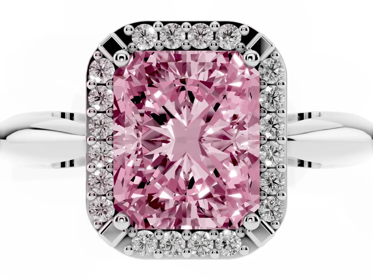 Fancy Pink Radiant Cut Cut Diamond Halo Engagement Ring with Split Shank and Four-Prong Setting Silver