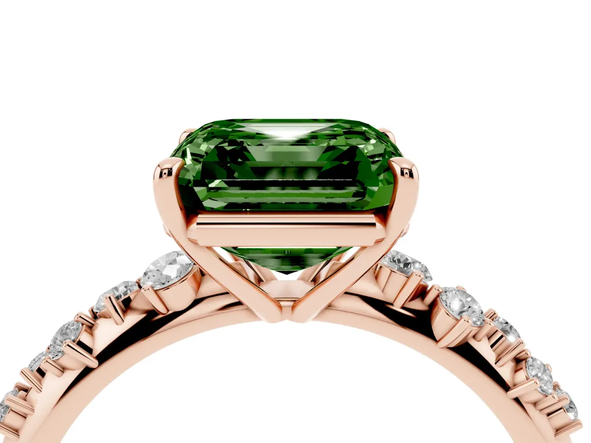 Fancy Green Asscher Cut Diamond Cluster Side Stone Solitaire Ring with Prong Setting Rose gold