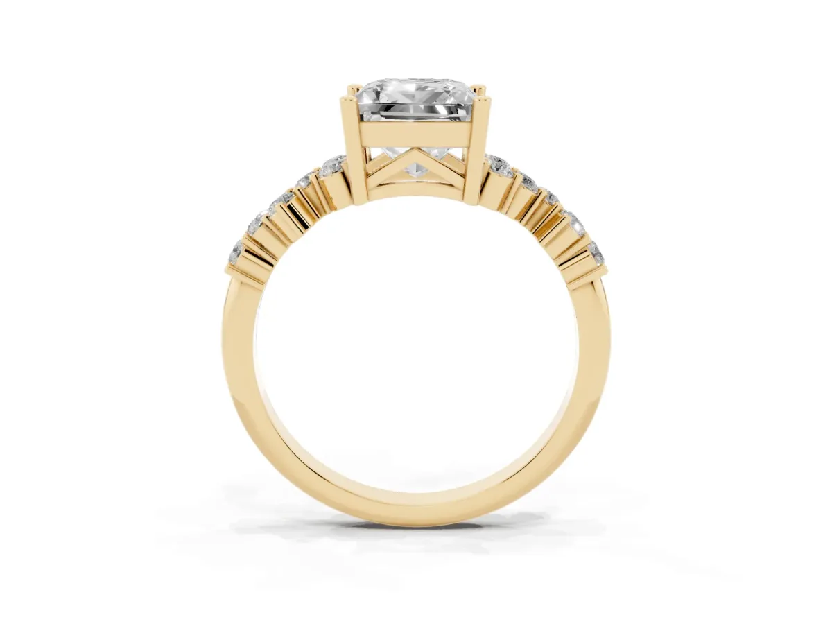 Princess Cut Diamond Scattered Round Accent Ring with Prong Setting Yellow gold