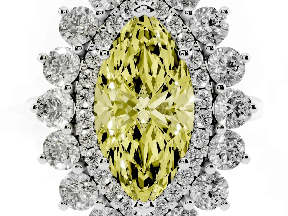 Fancy Yellow Marquise Cut Diamond Floral Double Halo Engagement Ring with Prong Setting Platinum