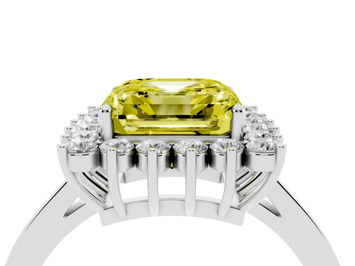 Fancy Yellow Asscher Cut Cut Diamond Halo Ring with Round Brilliant Halo and Solitaire Band Platinum