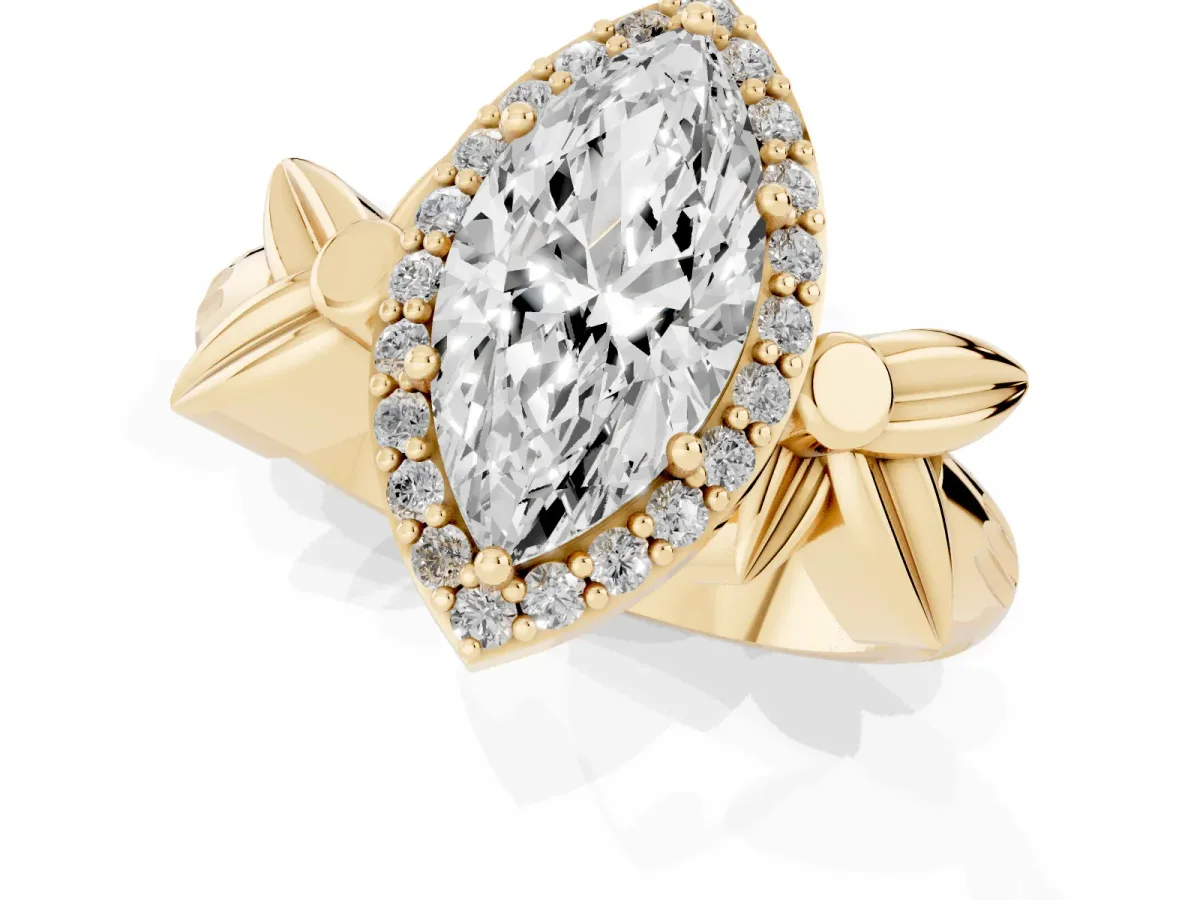 Marquise Cut Halo Diamond Floral Band with Four-Prong Setting Yellow gold