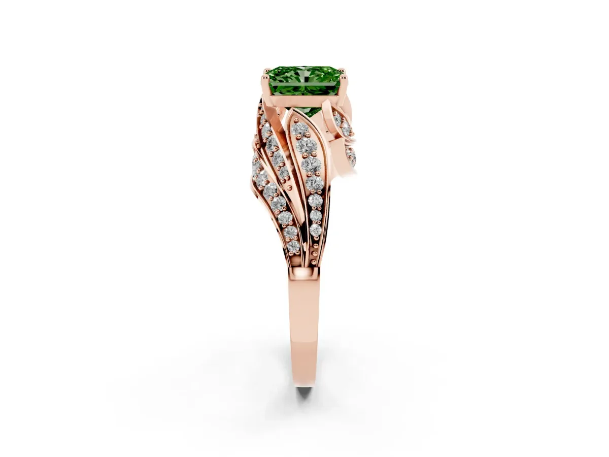 Fancy Green Radiant Cut Diamond Solitaire Ring with Prong Setting and Twisted Pavé Band Rose gold