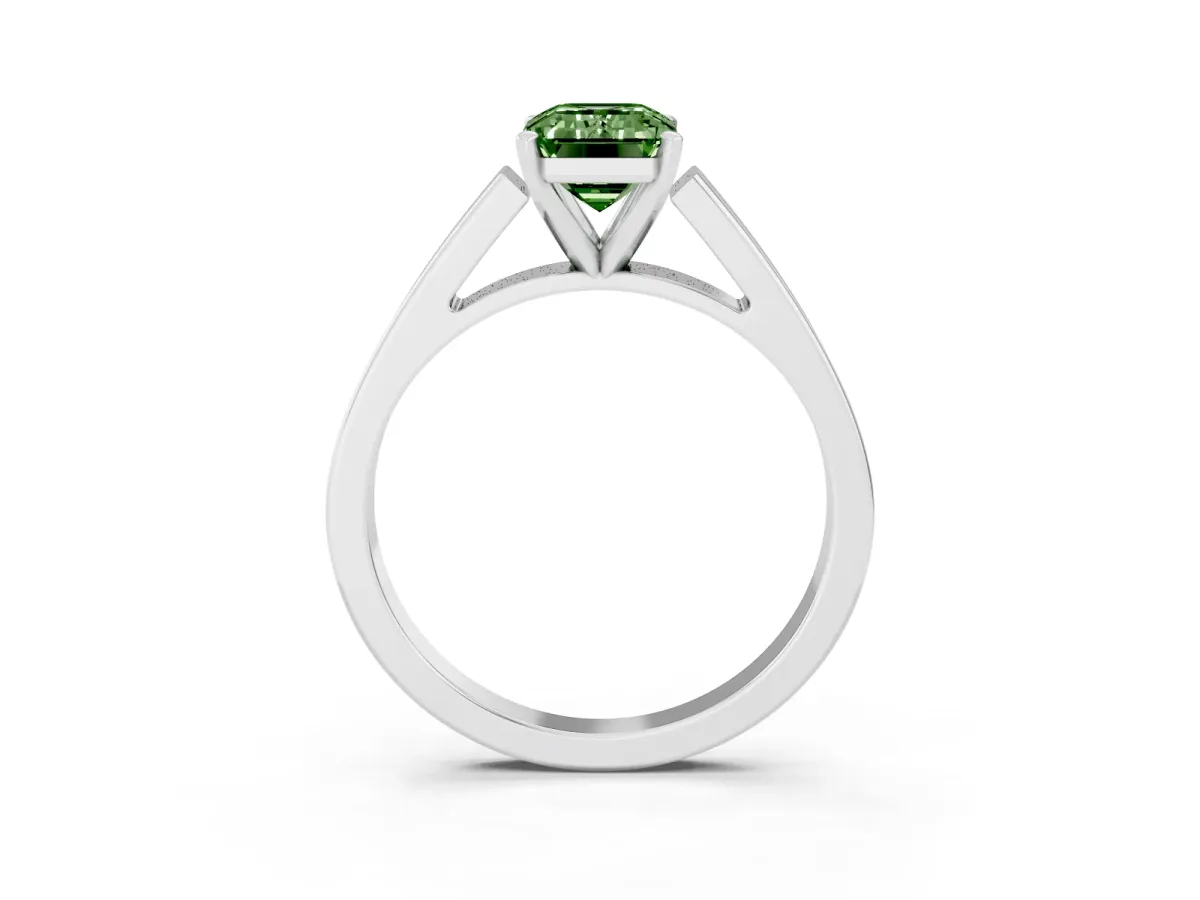 Fancy Green Emerald Cut Solitaire Engagement Ring with Four-Prong Setting and Tapered Band Silver