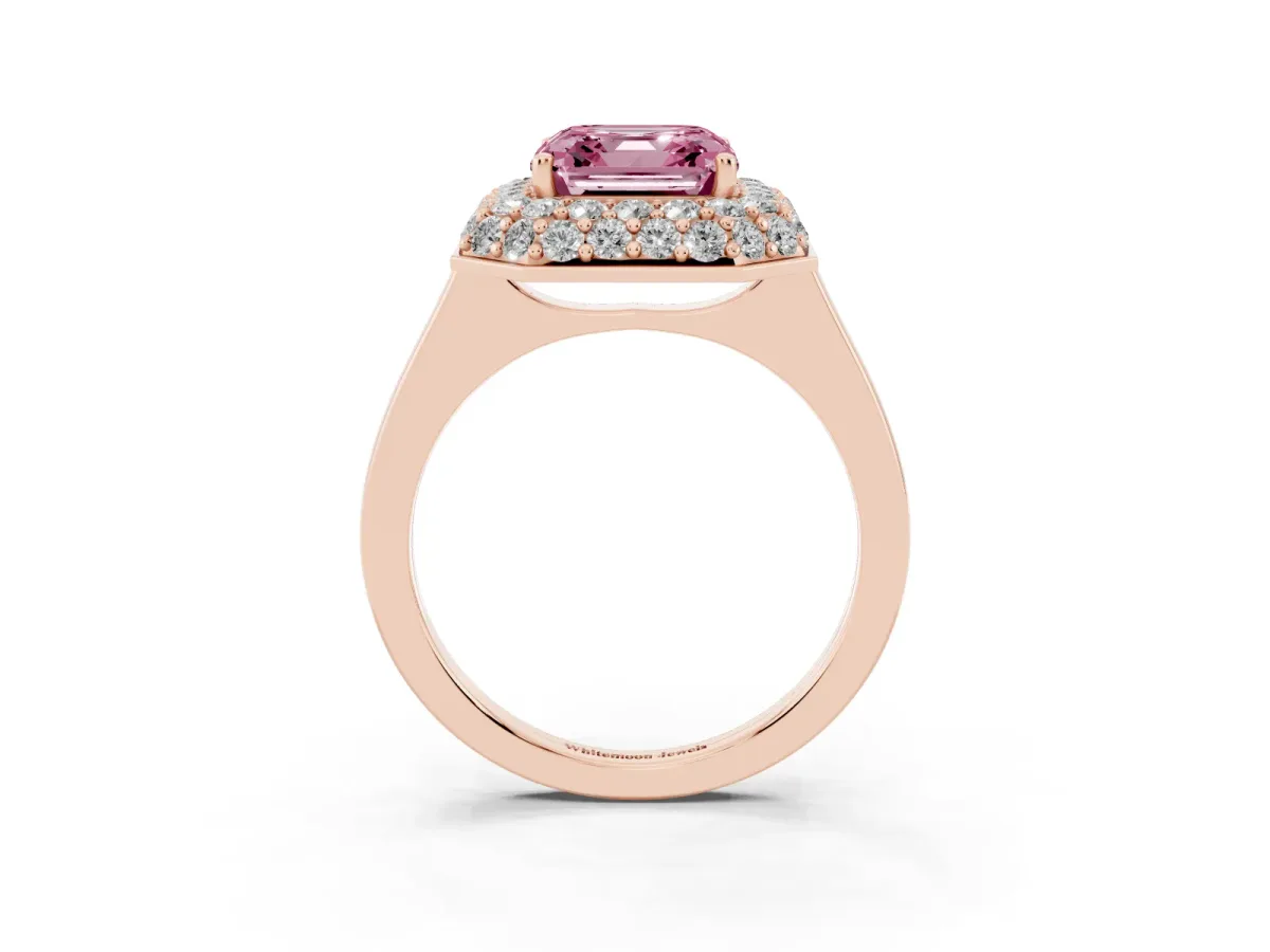 Fancy Pink Asscher Cut Halo Diamond Engagement Ring with Solitaire Band and Four-Prong Setting Rose gold