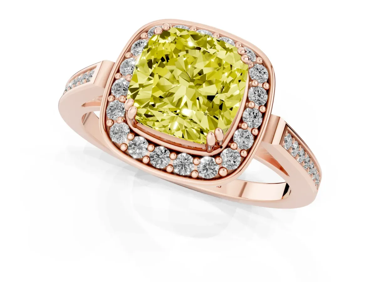 Fancy Yellow Cushion Cut Diamond Halo Ring with Split Shank and Four-Prong Setting Rose gold
