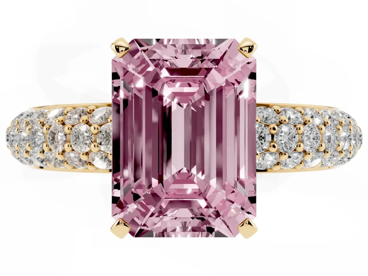 Fancy Pink Emerald Cut Diamond Solitaire Ring with Prong Setting and Pavé Band Yellow gold