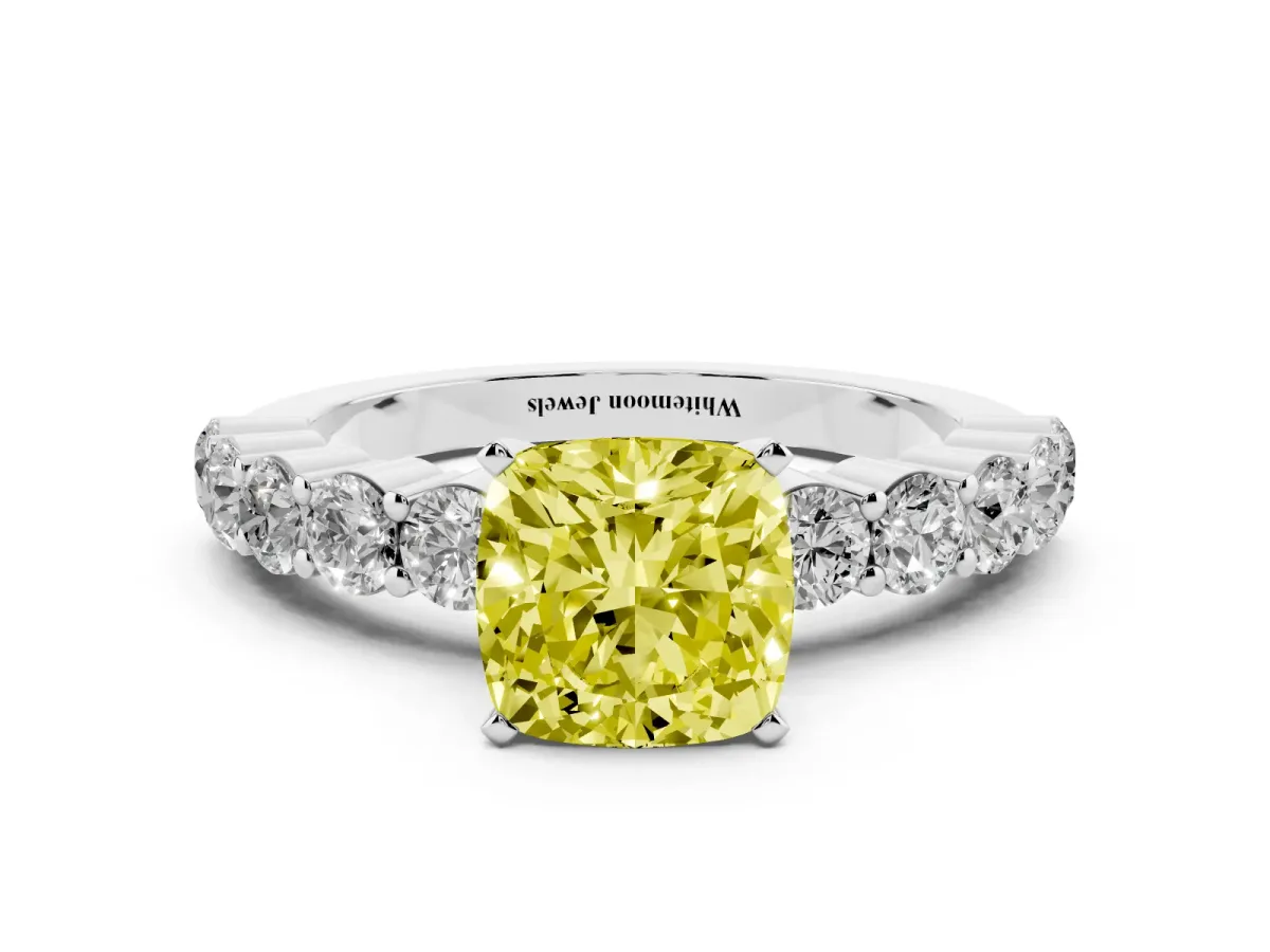 Fancy Yellow Cushion Cut Diamond Solitaire Ring with Shared Prong Round Side Stones Silver