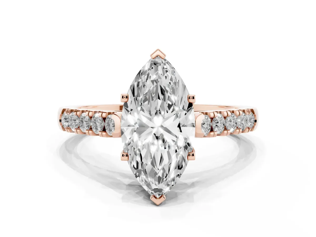 Marquise Cut Diamond Pavé Band Solitaire Ring with Prong Setting Rose gold