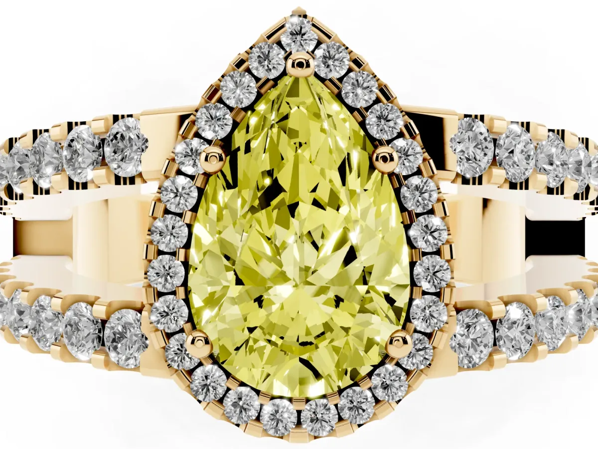 Fancy Yellow Pear Cut Cut Halo Split Shank Diamond Ring with Four-Prong Setting Yellow gold