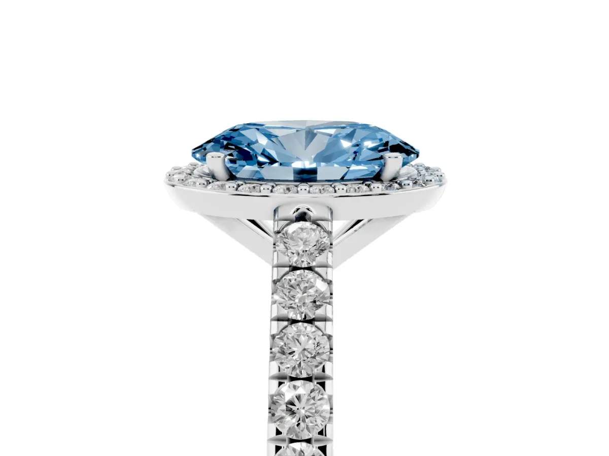 Fancy Blue Oval Cut Cut Halo Diamond Engagement Ring with Pave Band and Four-Prong Setting Silver