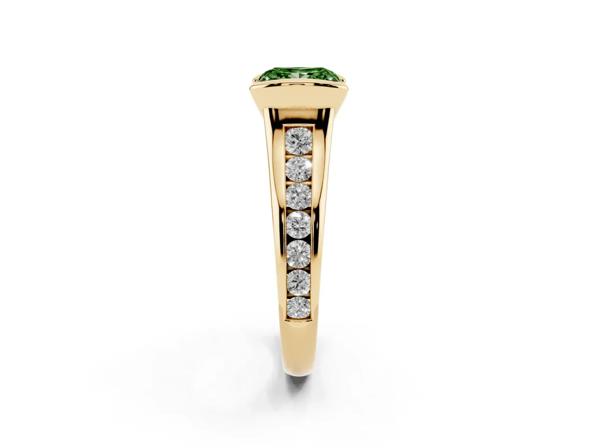 Fancy Green Princess Cut Solitaire Bezel-Set Diamond Ring with Channel-Set Band Yellow gold