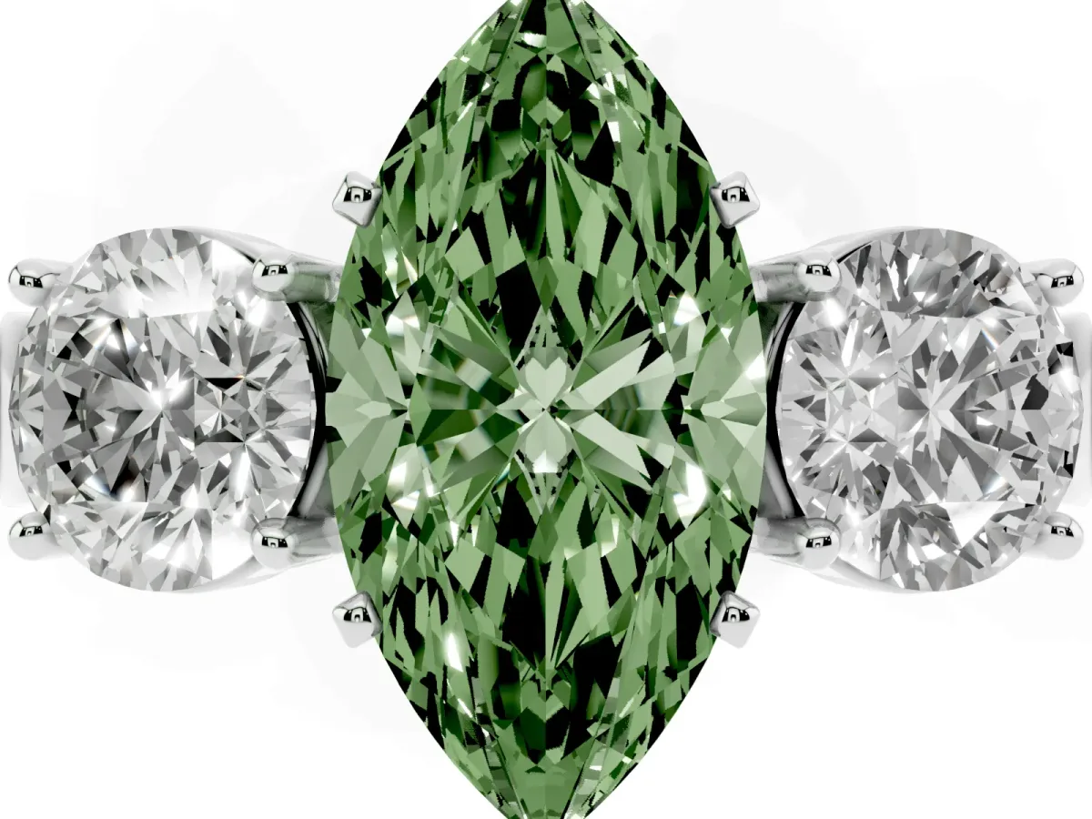 Fancy Green Three-Stone Marquise Cut Diamond Ring with Round Side Stones, Classic Band, and Four-Prong Setting Platinum