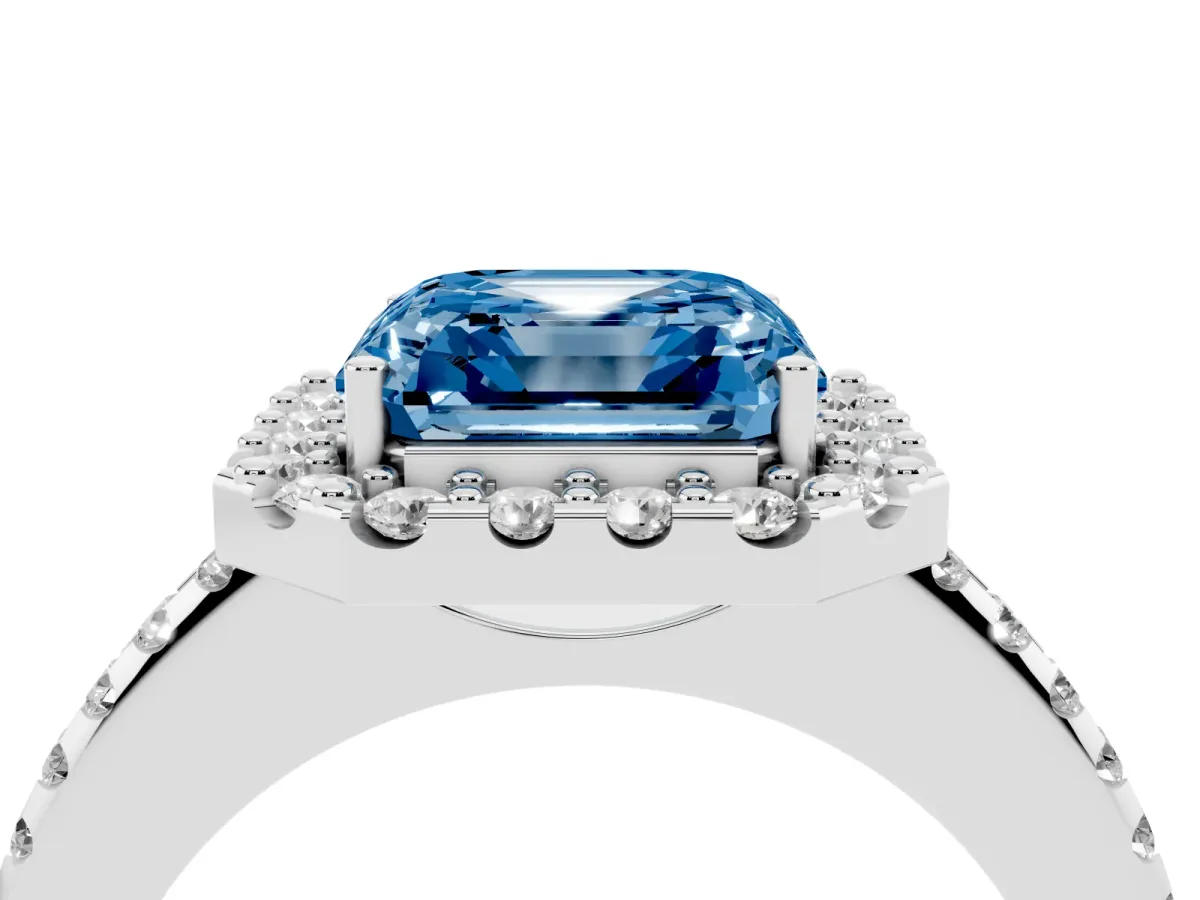 Fancy Blue Asscher Cut Diamond Pavé Halo Ring with Four-Prong Setting Platinum