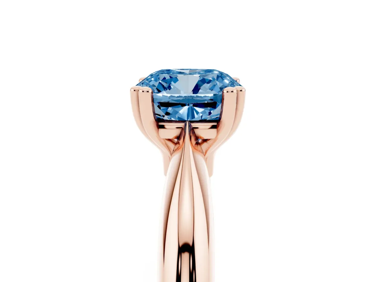 Fancy Blue Cushion Cut Cut Solitaire Engagement Ring with Tapered Band and Four-Prong Setting Rose gold