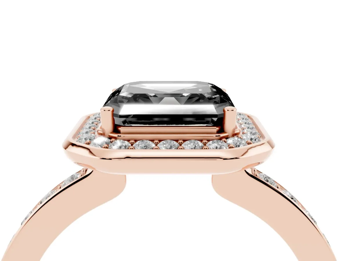 Fancy Black Asscher Cut Diamond Halo Ring with Bezel Frame and Pavé Band Rose gold