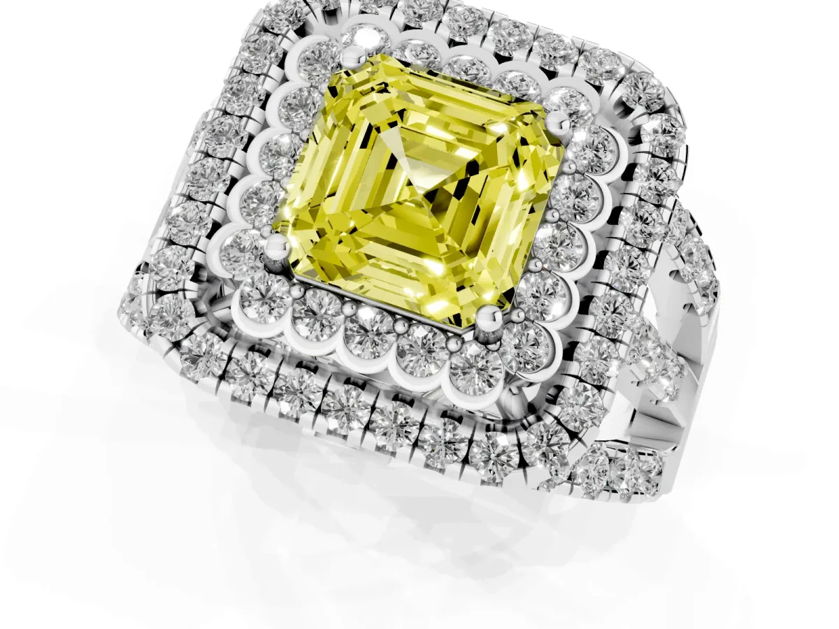 Fancy Yellow Asscher Cut Diamond Double Halo Ring with Round Pavé Split Shank and Prong Setting Silver
