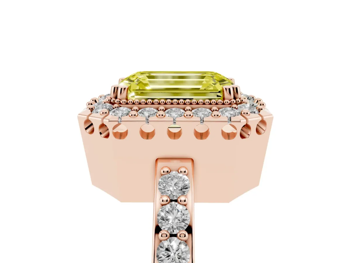 Fancy Yellow Emerald Cut Diamond Halo Ring with Pavé Band and Prong Setting Rose gold