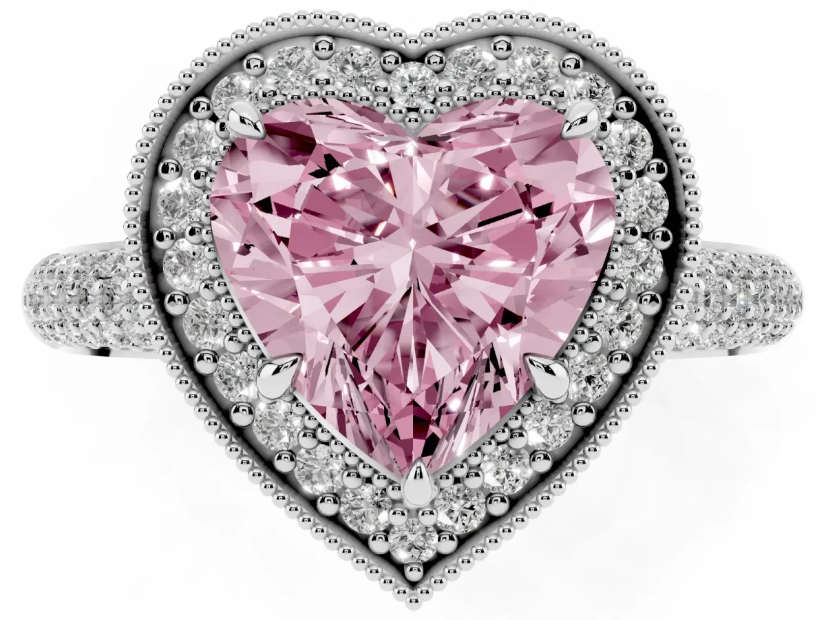 Fancy Pink Heart Cut Cut Halo Diamond Pave Band with Four-Prong Setting Silver