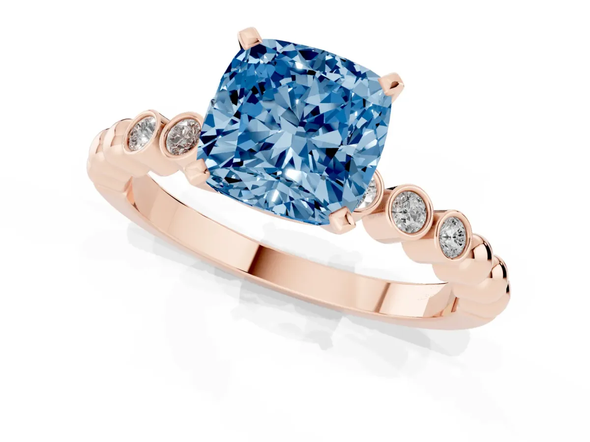 Fancy Blue Cushion Cut Solitaire Bezel Accent Diamond Engagement Ring with Beaded Band and Four-Prong Setting Rose gold