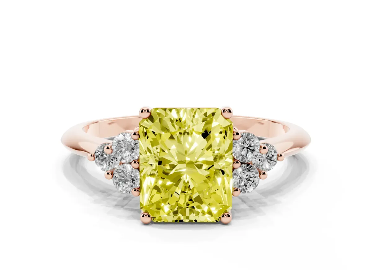 Fancy Yellow Radiant Cut Cut Diamond Cluster Ring with Solitaire Band and Four-Prong Setting Rose gold