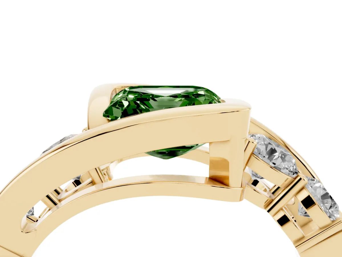 Fancy Green Bezel Set Asscher Cut Diamond Bypass Ring with Round Accents Yellow gold