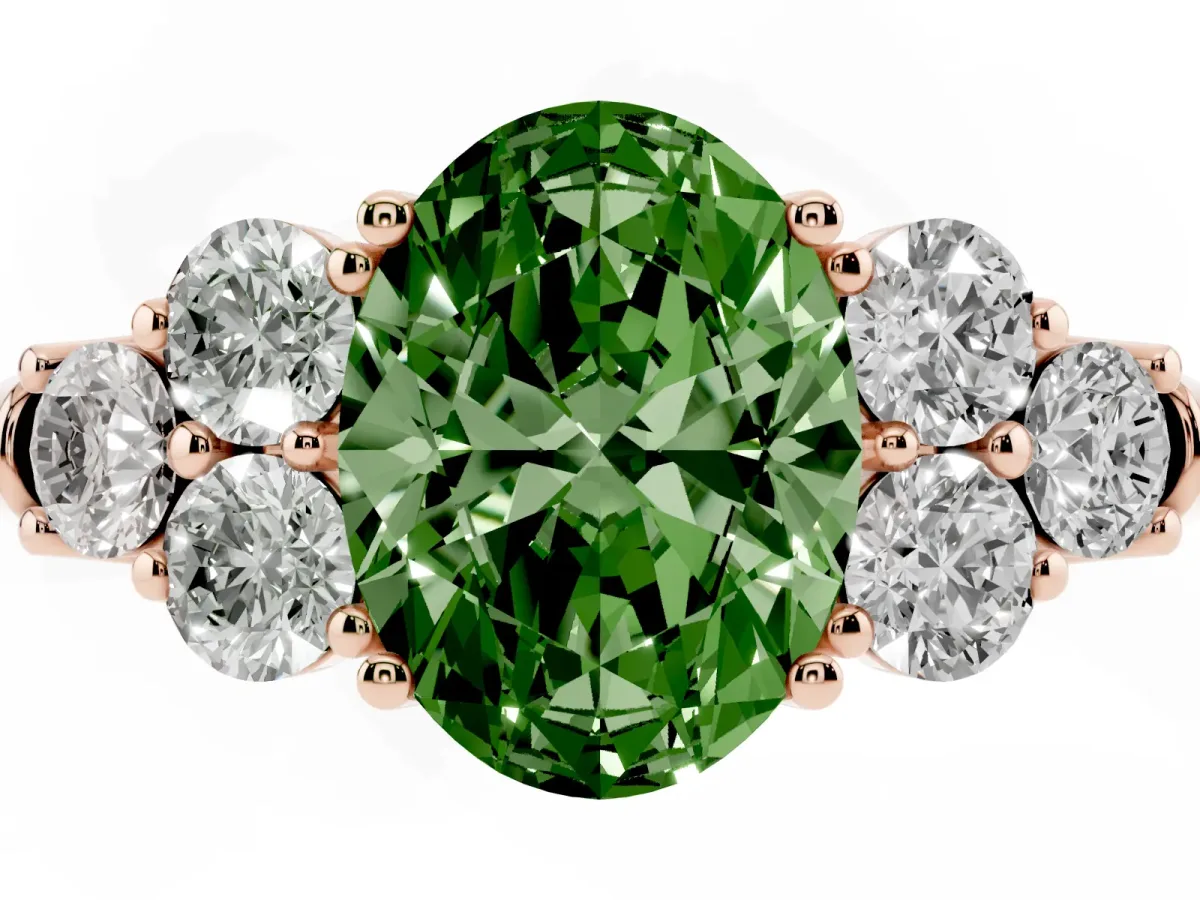 Fancy Green Oval Cut Cut Diamond Cluster Ring with Round Accent Stones and Prong Setting on a Classic Band Rose gold