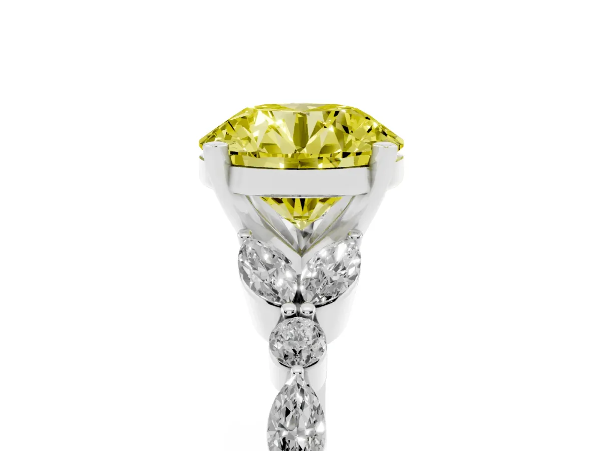 Fancy Yellow Round Cut Diamond Solitaire Ring with Side Stones and Four-Prong Setting Platinum