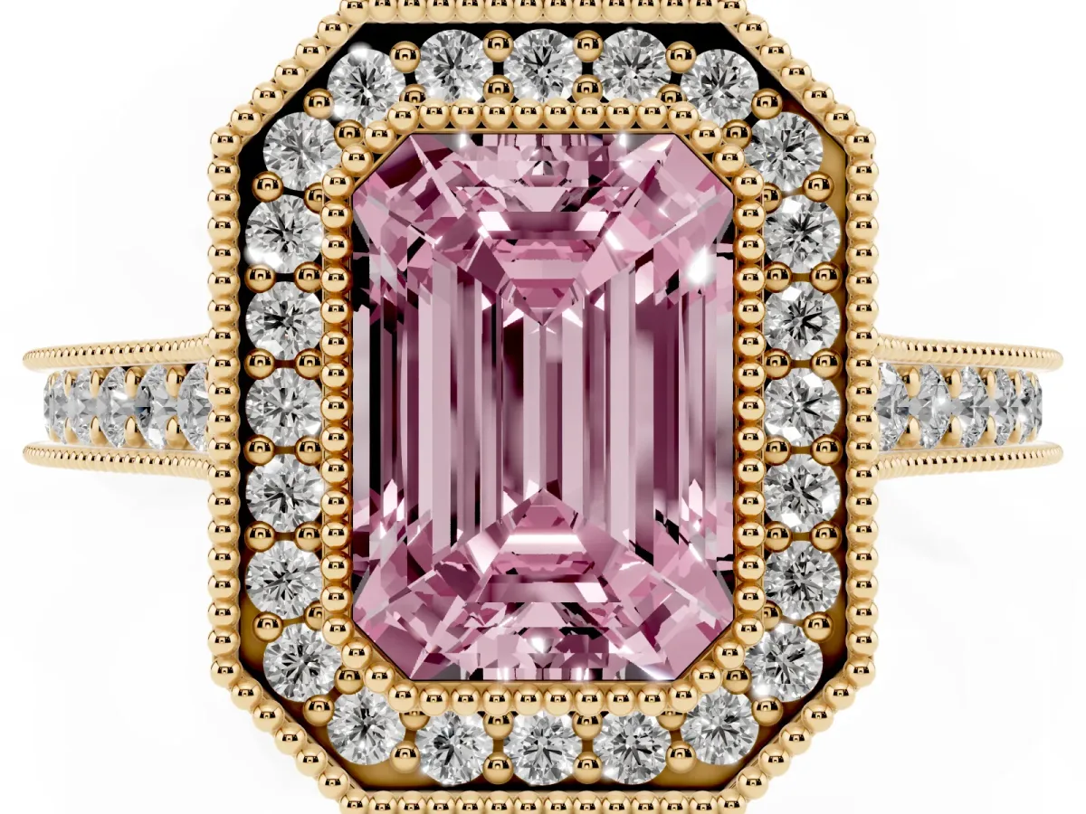 Fancy Pink Halo Emerald Cut-Cut Diamond Pave Band Milgrain Prong Setting Ring Yellow gold