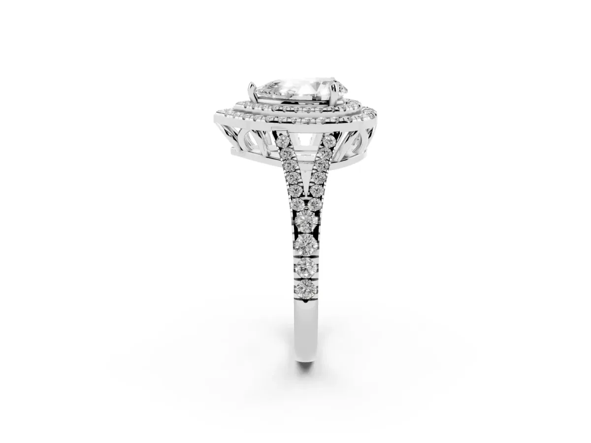 Pear Cut Diamond Double Halo Ring with Pavé Band and Prong Setting Silver