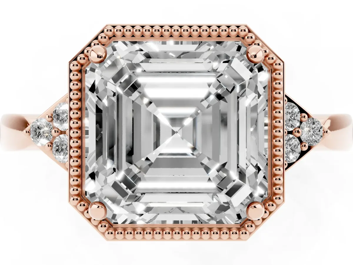 Milgrain Asscher Cut Cut Diamond Ring with Tapered Pave Band and Four Prong Setting Rose gold