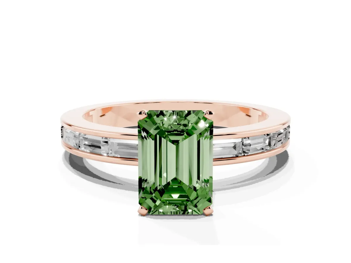 Fancy Green Emerald Cut Solitaire Diamond Ring with Channel-Set Baguette Band and Four-Prong Setting Rose gold