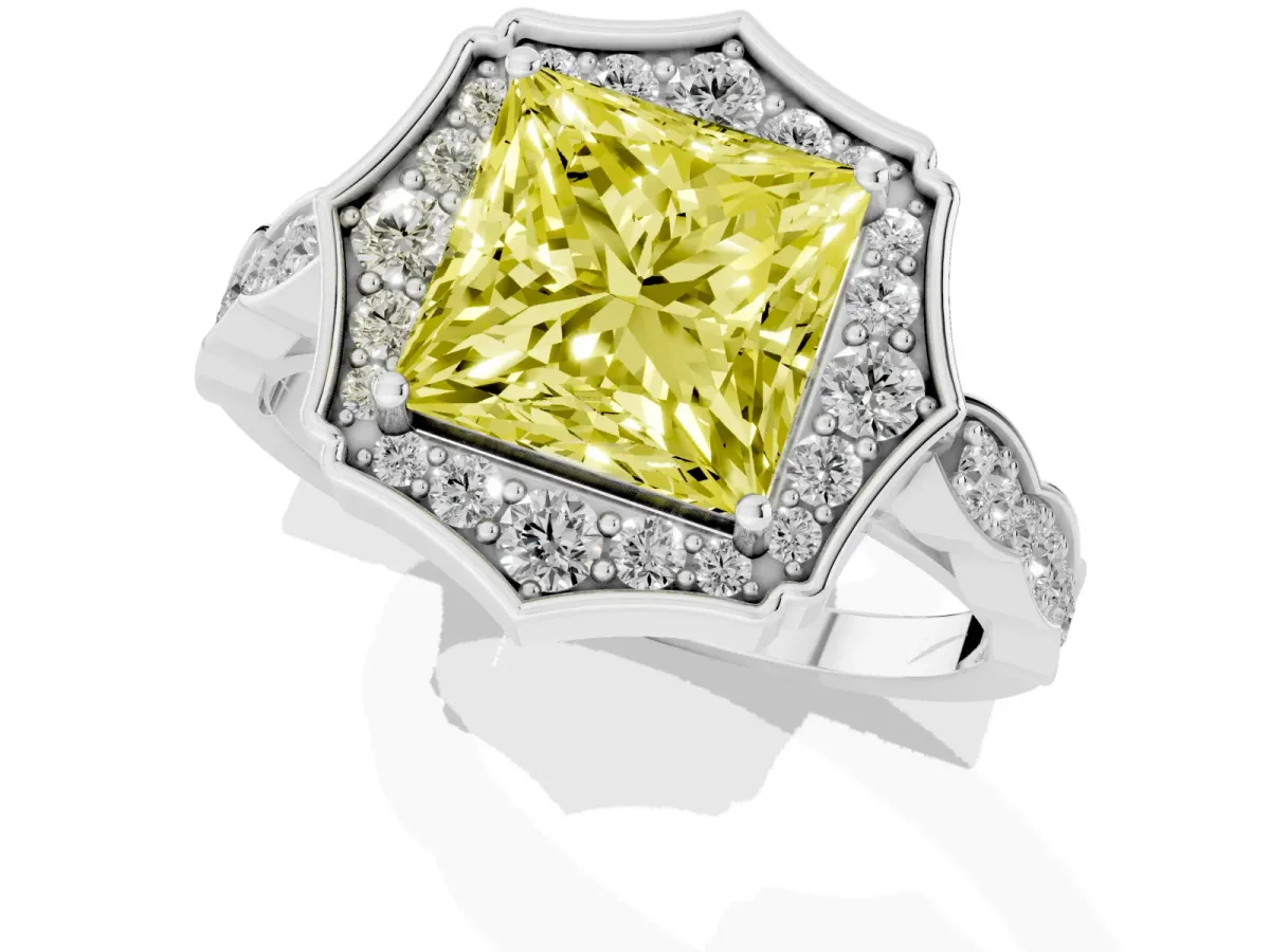 Fancy Yellow Princess Cut Halo Diamond Engagement Ring with Milgrain Band and Four-Prong Setting Silver