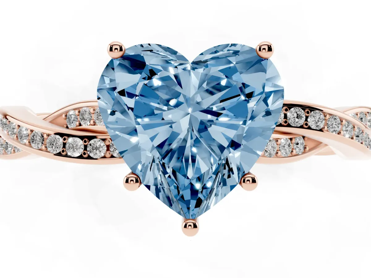 Fancy Blue Heart Cut Solitaire Twisted Pave Diamond Ring with Four-Prong Setting Rose gold