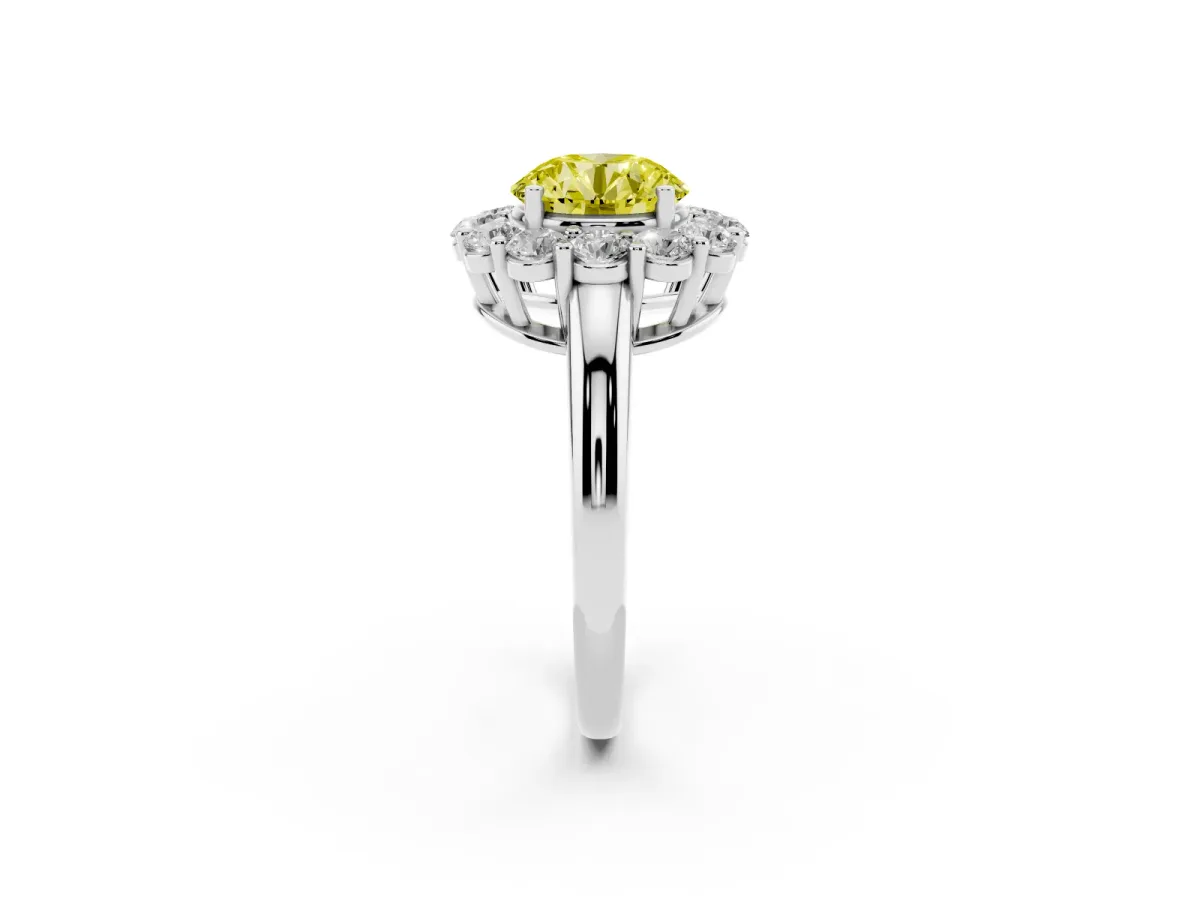 Fancy Yellow Round Cut Halo Cluster Diamond Engagement Ring with Prong Setting and Polished Band Silver