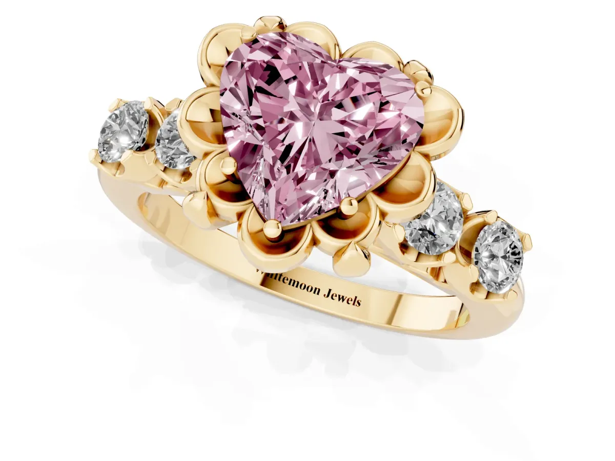 Fancy Pink Heart Cut Cut Diamond Floral Halo Engagement Ring with Shared Prong Setting Yellow gold
