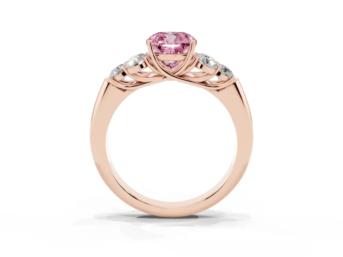Fancy Pink Cushion Cut Cut Diamond Cluster Ring with Round Accent Stones and Prong Setting on a Classic Band Rose gold