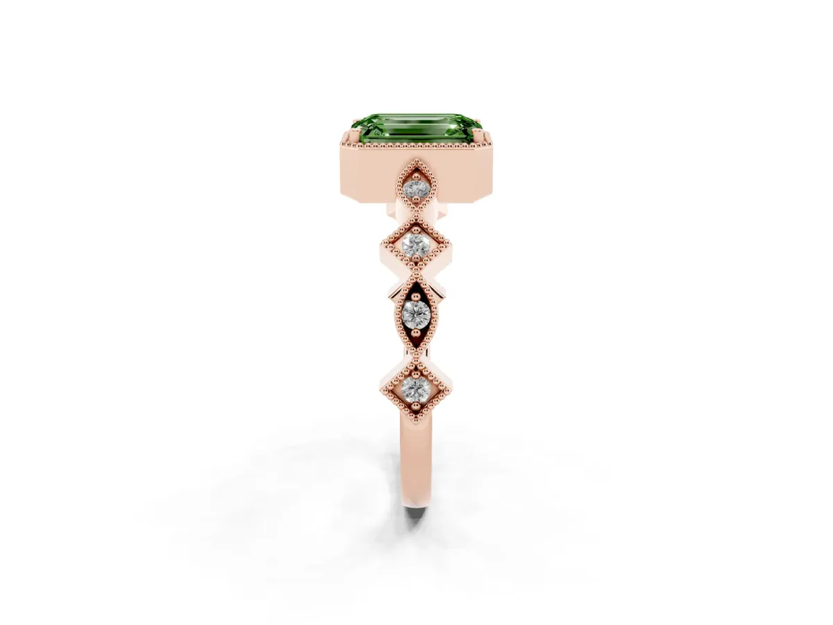 Fancy Green Emerald Cut Milgrain Marquise Diamond Twist Band Ring Rose gold